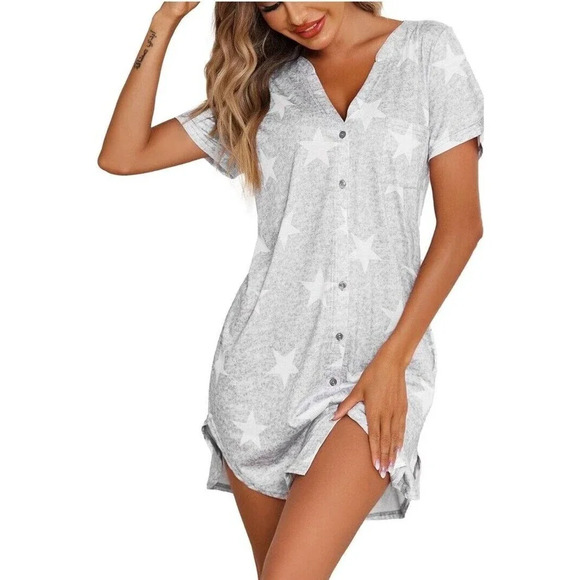 EKOUAER Sleep Shirt Night Gown‎ Button Front Womens Medium Stars Oversized - Picture 1 of 11